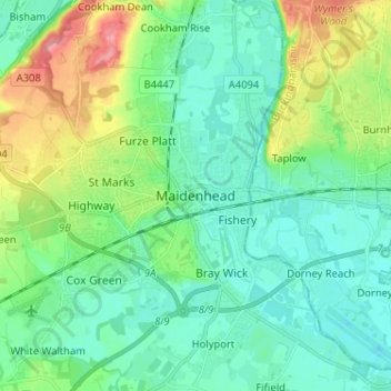 Mapa topográfico Maidenhead, altitud, relieve