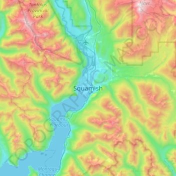 Mapa topográfico Squamish, altitud, relieve