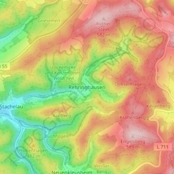 Mapa topográfico Rehringhausen, altitud, relieve