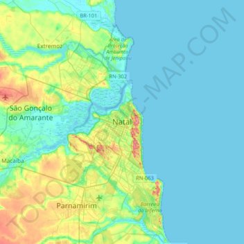 Mapa topográfico Natal, altitud, relieve