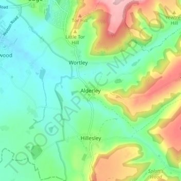 Mapa topográfico Alderley, altitud, relieve