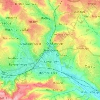 Mapa topográfico Dewsbury, altitud, relieve
