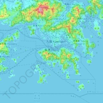 Mapa topográfico Hong Kong, altitud, relieve
