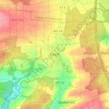 Mapa topográfico Erlach, altitud, relieve