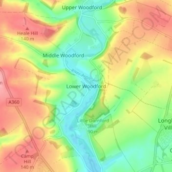 Mapa topográfico Lower Woodford, altitud, relieve