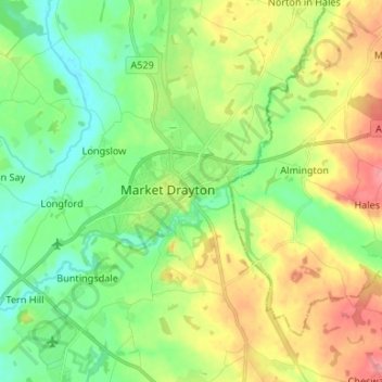 Mapa topográfico Market Drayton, altitud, relieve