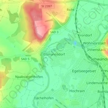 Mapa topográfico Ettmannsdorf, altitud, relieve
