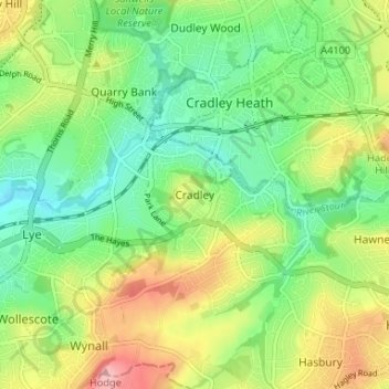 Mapa topográfico Cradley, altitud, relieve