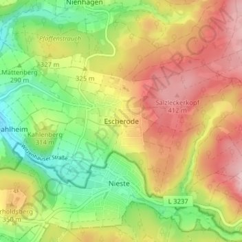 Mapa topográfico Escherode, altitud, relieve