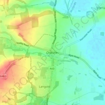 Mapa topográfico Oldcotes, altitud, relieve