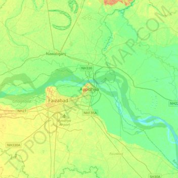 Mapa topográfico Ayodhya, altitud, relieve