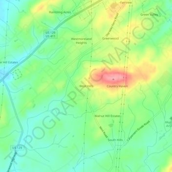 Mapa topográfico West Hills, altitud, relieve