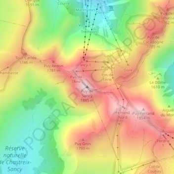 Mapa topográfico Puy de Sancy, altitud, relieve
