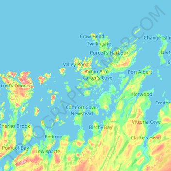 Mapa topográfico New World Island, altitud, relieve