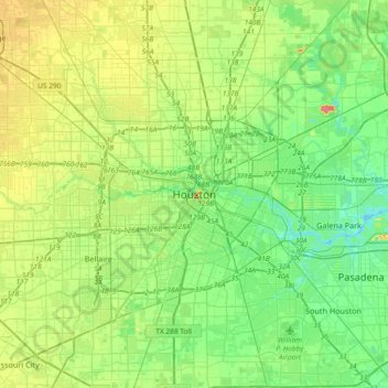 Mapa topográfico Houston, altitud, relieve