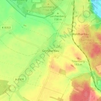 Mapa topográfico Großbardau, altitud, relieve