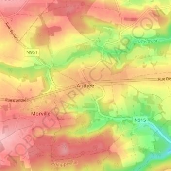Mapa topográfico Anthée, altitud, relieve