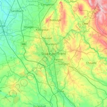 Mapa topográfico Stoke-on-Trent, altitud, relieve