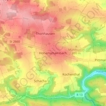 Mapa topográfico Hohenschambach, altitud, relieve