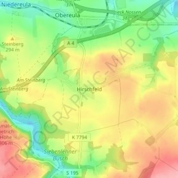 Mapa topográfico Hirschfeld, altitud, relieve