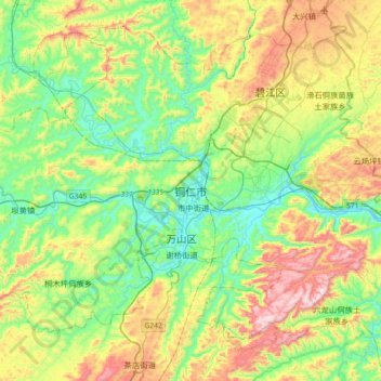 Mapa topográfico Tongren, altitud, relieve