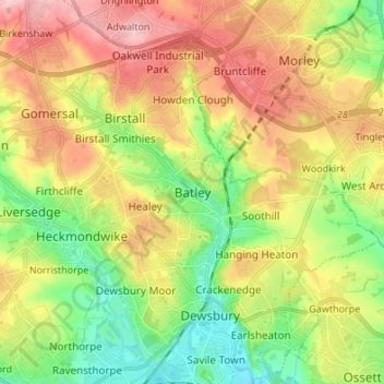 Mapa topográfico Batley, altitud, relieve