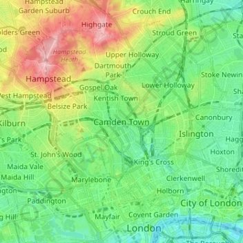 Mapa topográfico Camden Town, altitud, relieve