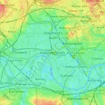 Mapa topográfico Hammersmith, altitud, relieve