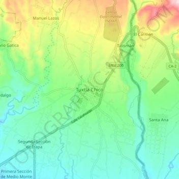 Mapa topográfico Tuxtla Chico, altitud, relieve