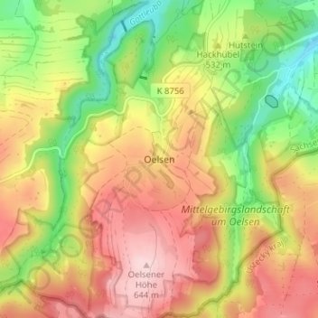 Mapa topográfico Oelsen, altitud, relieve