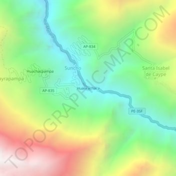 Mapa topográfico Huancachaca, altitud, relieve