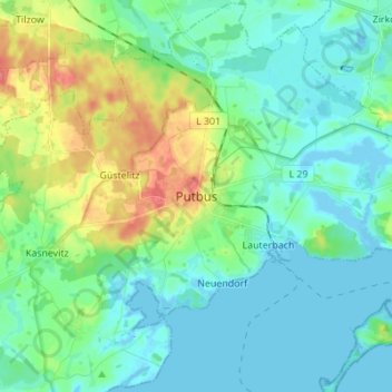 Mapa topográfico Putbus, altitud, relieve