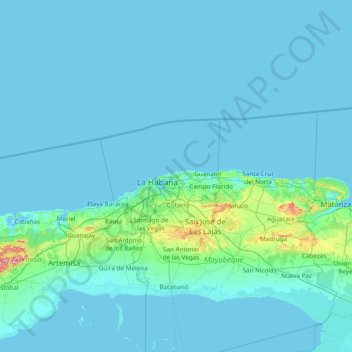 Mapa topográfico Habana del Este, altitud, relieve