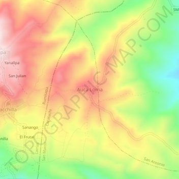 Mapa topográfico Auca Loma, altitud, relieve