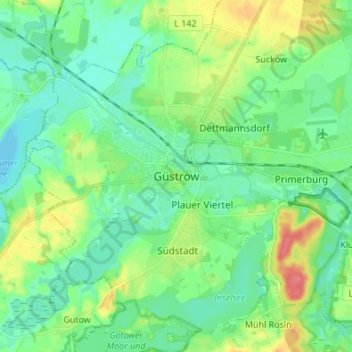 Mapa topográfico Güstrow, altitud, relieve