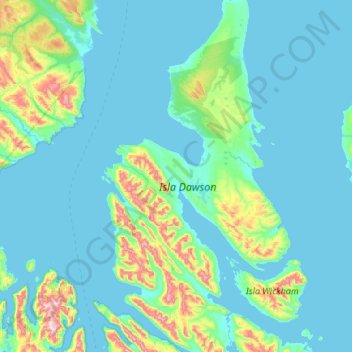Mapa topográfico Isla Dawson, altitud, relieve