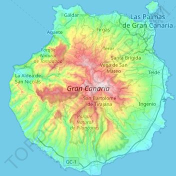 Mapa topográfico Grande Canarie, altitud, relieve