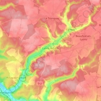 Mapa topográfico Lyons-la-Forêt, altitud, relieve