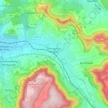 Mapa topográfico Dettingen an der Erms, altitud, relieve