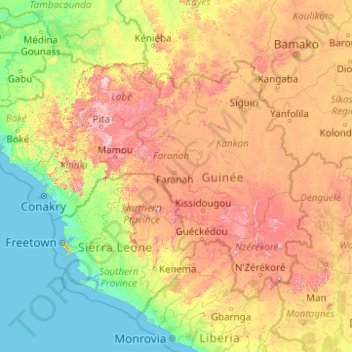 Mapa topográfico Guinée, altitud, relieve