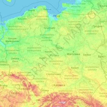 Mapa topográfico Polen, altitud, relieve