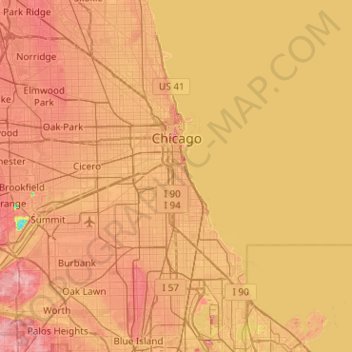 Mapa topográfico Chicago, altitud, relieve