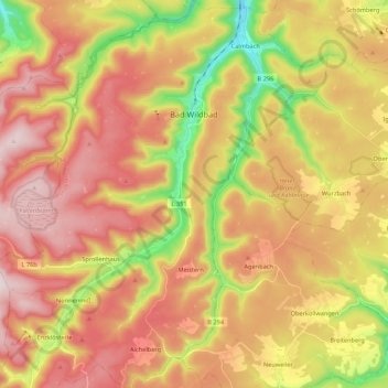 Mapa topográfico Bad Wildbad, altitud, relieve