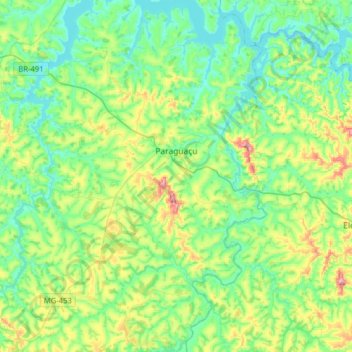 Mapa topográfico Paraguaçu, altitud, relieve