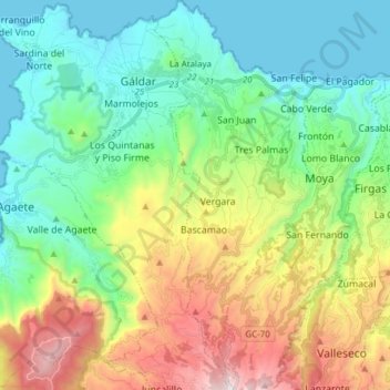 Mapa topográfico Santa María de Guía de Gran Canaria, altitud, relieve