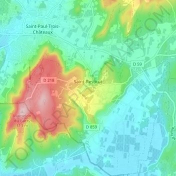 Mapa topográfico Saint-Restitut, altitud, relieve