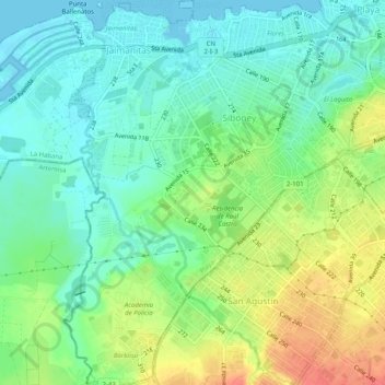 Mapa topográfico Siboney, altitud, relieve