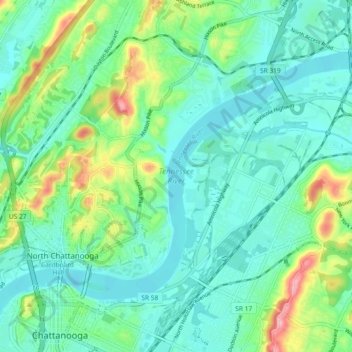 Mapa topográfico Tennessee River, altitud, relieve