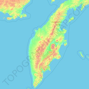 Mapa topográfico полуостров Камчатка, altitud, relieve