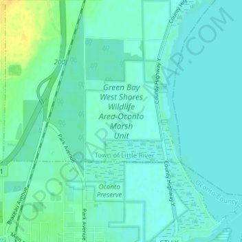 Mapa topográfico Green Bay West Shores Wildlife Area-Oconto Marsh Unit, altitud, relieve